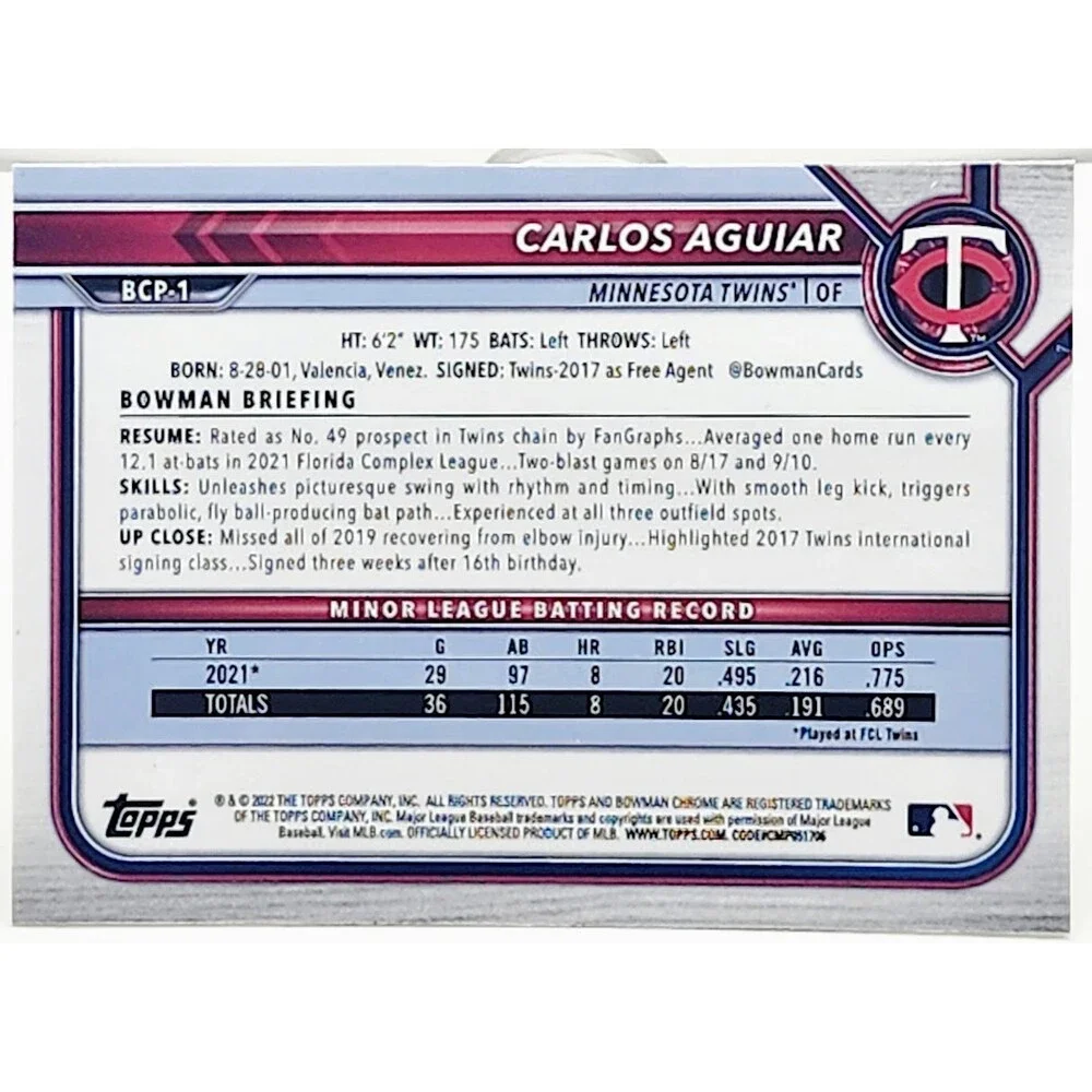 2022 Bowman Chrome Carlos Aguiar 1st Bowman Prospect #BCP-1 Minnesota Twins